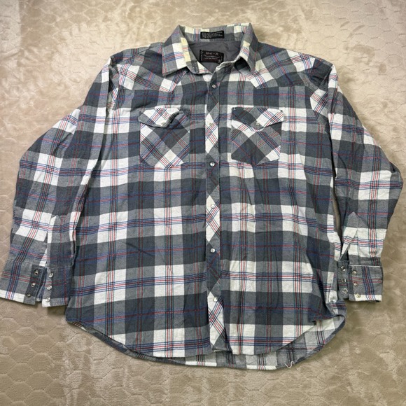 BJ-R Other - VTG BJ-R Long Tail Form Fit Western Shirt Mens XL Plaid Pearl Snap STAINED Look